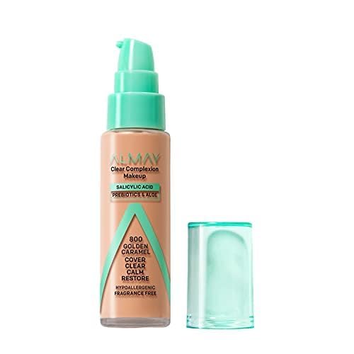 Almay Clear Complexion Acne Foundation Makeup with Salicylic Acid, Medium Coverage, Soft Matte Finish, Hypoallergenic, Cruelty- & Fragrance-Free, Dermatologist Tested, 730 Golden Caramel, 1 fl oz