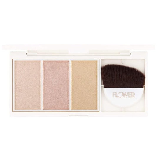 FLOWER Beauty By Drew Barrymore Shimmer + Strobe Highlighting Palette - Glowing Bronzer Powder Kit For Face + Blendable Coverage - Skintones + 3 Enhancing Colors (Strobe Brush) Included - Champagne Shimmer