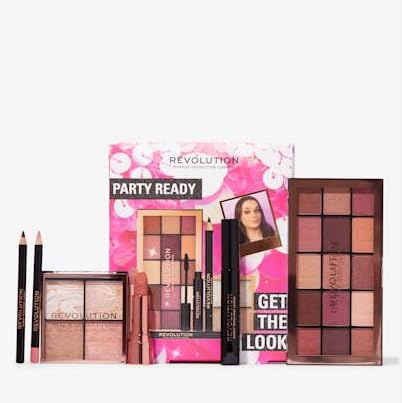 Makeup Revolution Get The Look Gift Set Party Ready, Eye Palette, Eyeliner, Lipstick, Mascara & Highlighter Included, Various Shades