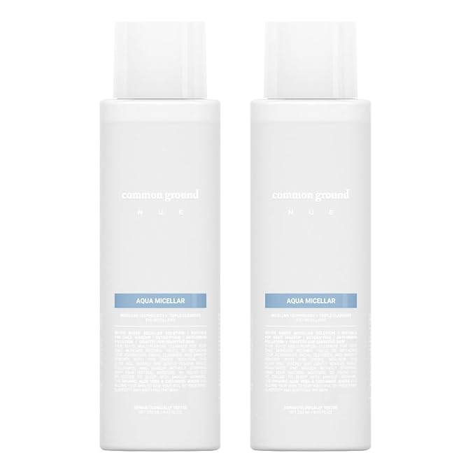 COMMON GROUND NUE Aqua Micellar Water Makeup Remover 3-in-1 Cleanser, Astringent, Makeup Remover, Non-Greasy, No-Rinse, Hydrating, Plant-Based, Organic Aloe Vera & Cucumber, 8.4 Fl Oz (Pack of 2)