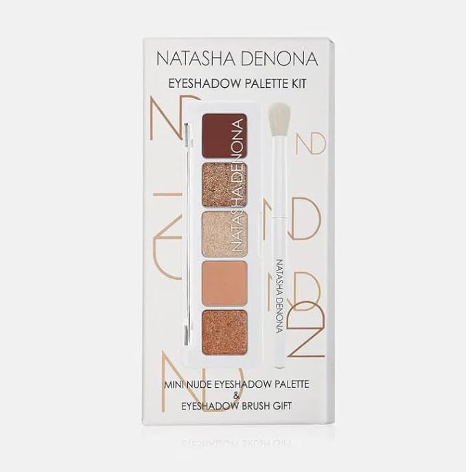 Natasha Denona Mini Nude Eyeshadow Palette Kit - Eyeshadow Palette + Round Eyeshadow Blending Brush. Bonus Premium Korean Sheet Masque with Collagen
