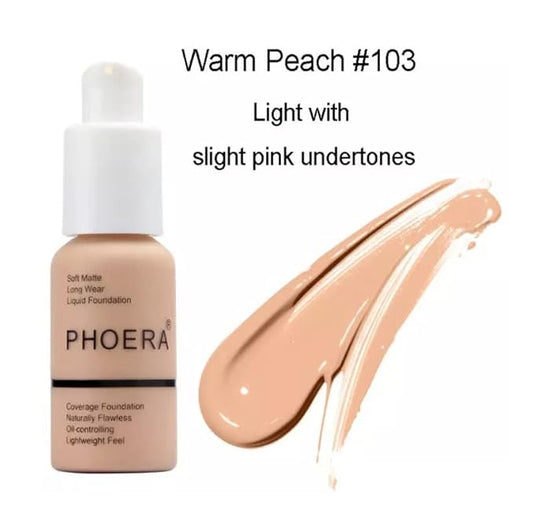 Phoera® Full Coverage Foundation Soft Matte Oil Control Concealer 30ml Flawless Cream Smooth Long Lasting (103 WARM PEACH)