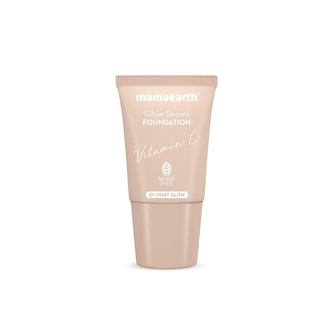 MAMAEARTH Glow Serum Foundation - 01 Ivory Glow Shade | with Vitamin C & Turmeric | Up to 12 Hour Buildable Coverage | Waterproof & Lightweight | 0.61 Fl Oz (18ml)