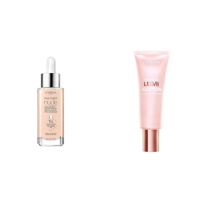 L’Oréal Paris True Match Nude Hyaluronic Tinted Serum Foundation with 1% Hyaluronic acid & Makeup True Match Lumi Glotion Natural Glow Enhancer Lotion, Fair, 1.35 Ounces