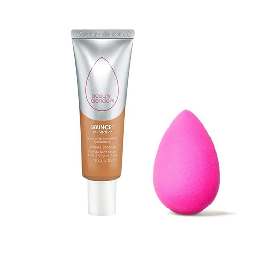 Beautyblender Bounce Liquid Whip Long Wear Foundation (4.30 W Deep Amber) & Original Pink Beauty Blender Makeup Sponge Bundle