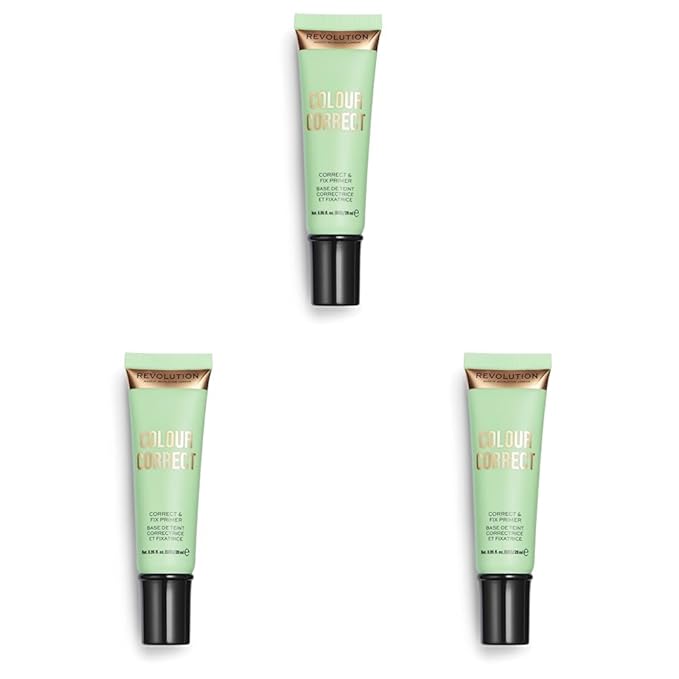 Makeup Revolution Color Correct Primer, Primer For Makeup, Balances Skin Tone & Neutralises Redness, Vegan & Cruelty-Free, 0.95fl.oz/28ml (Pack of 3)