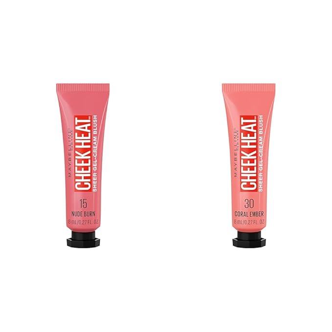 Maybelline Cheek Heat Gel-Cream Blush Makeup Bundle with Nude Burn and Coral Ember Shades, Lightweight Feel, Dewy Finish, Oil-Free, 1 Count Each
