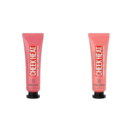 Maybelline Cheek Heat Gel-Cream Blush Makeup Bundle with Nude Burn and Coral Ember Shades, Lightweight Feel, Dewy Finish, Oil-Free, 1 Count Each