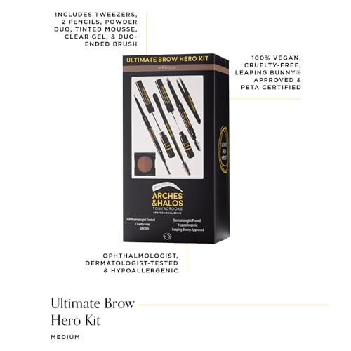 Arches & Halos - Ultimate Brow Hero Kit - Eyebrow Styling Makeup Kit, Pencil, Gel, Shading, Powder, Mousse, Natural and Bold Precise Brow Shaper - Hypoallergenic, Vegan - 7 Pc Kit, Medium