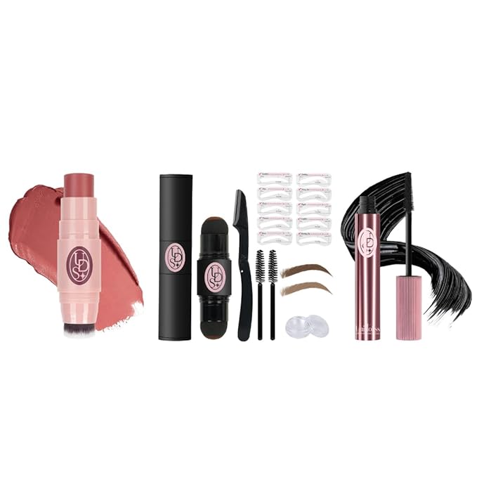Unidollss Multi-Use Makeup Cream Blush Stick,Dual-Ended Eyebrow Stamp Stencil Kit and Tubing Mascara Volume and Length Black Upgrade