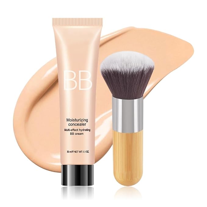 Hydrating BB Cream,Full Coverage Lightweight Matte Foundation & Concealer with Brush,Evens Skin Tone,Oil Control Cover Flaws,Natural Finish for All Skin Types,Vegan & Cruelty Free - Natural Beige