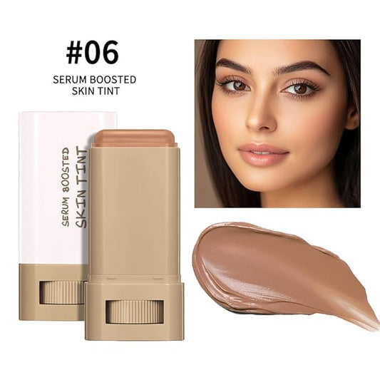 A 3-in-1combining Foundation Stick Beauty Balm Serum Boosted Skin Tint,Solid Tinted Moisturizing Serum Contour Foundation Face for Women,Natural Finish Makeup,Buildable Medium-to-Full Coverage(#06)