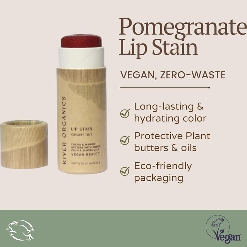 Organic Lip Stain | Vegan + Cruelty Free | Long Lasting, Toxic Free | 2 Colors "Fig" or "Pomegranate, .30 oz (Pomegranate), River Organics Zero Waste Makeup