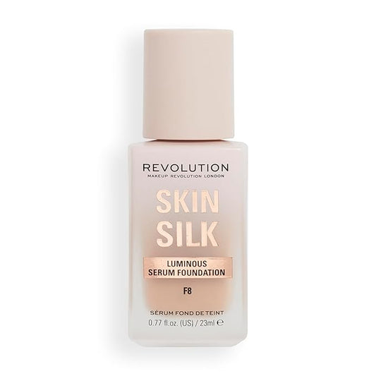 Revolution, Skin Silk Serum Foundation, Light to Medium Coverage, Lightweight & Radiant Finish, Contains Hyaluronic Acid, F8 Medium Skin Tones, 0.77 fl oz