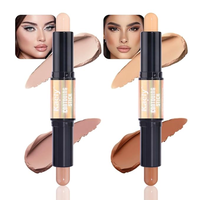 Kaely 2Pcs Cream Bronzer Highlighter Stick,Face Shaping Contouring Sticks,Cheek Contour Palette Kit for Beginners,maquillaje contorno en crema Bronzing Concealer Stick,Brightens & Shades Makeup,15+16