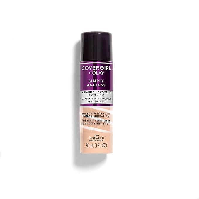CoverGirl & Olay Simply Ageless 3-in-1 Liquid Foundation, Matte Finish, Hyaluronic & Vitamin C Formula, Natural Beige, 1 Count