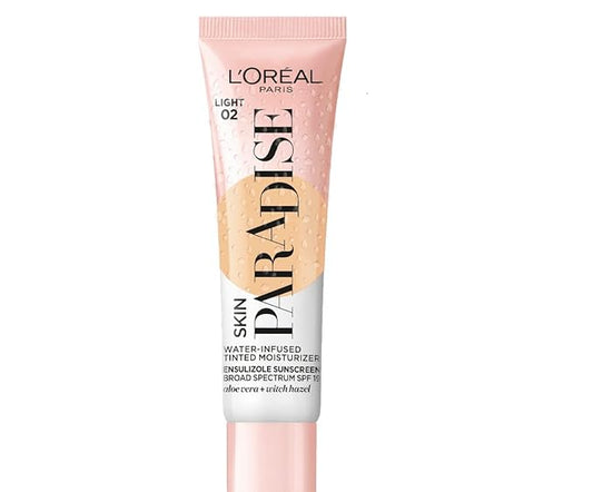 L'Oreal Paris Skin Paradise Water-infused Tinted Moisturizer with Broad Spectrum SPF 19 sunscreen lightweight, natural coverage up to 24h hydration for a fresh, glowing complexion, Light 02, 1 fl oz