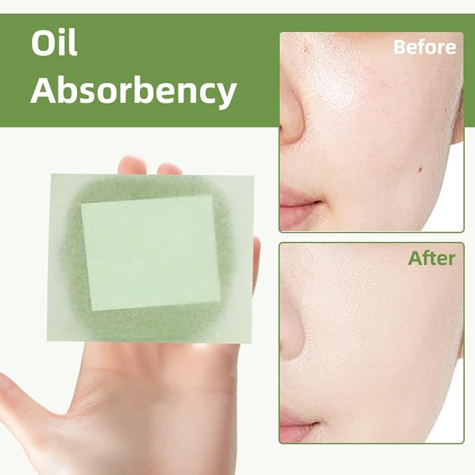 Oil Blotting Sheets - 300 PCS Face Oil Absorbing Sheets Natural Oil Control Film for Oily Skin with Mirror and Puff -Green