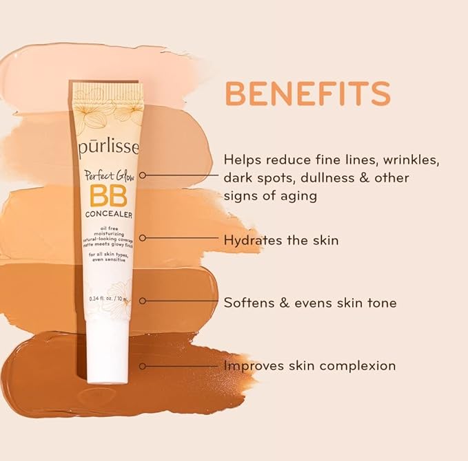 purlisse BB Concealer - BB Cream for All Skin Types - Oil-Free Moisturizing, Smooths Blemishes - .34 Ounce (Medium)