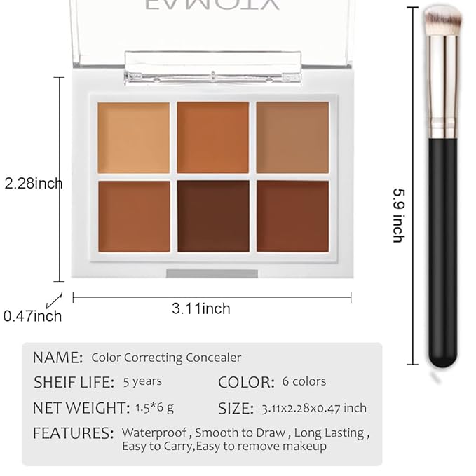 A3 6 Color Correcting Concealer Palette With Concealer Brush, Cream Contouring Makeup Kit, Corrects Dark Circles, Red Marks, Scars, Light to Medium or Creamy Finish