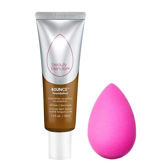 Beautyblender Bounce Liquid Whip Long Wear Foundation (4.45 N Deep Bronze) & Original Pink Beauty Blender Makeup Sponge Bundle
