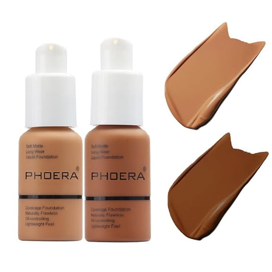 2 Pack PHOERA Foundation 108# Tan and 109# Mocha,Soft Matte Oil Control Liquid Foundation.