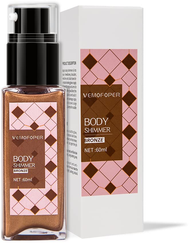 Body Glow Shimmer Body Oil Liquid Highlighter, Bronzer Shimmering Body Lotion Glitter Luminizer Moisturizing Waterproof, Natural Skin Shimmer For Body and Face Makeup Women Men (60ml/2 oz)