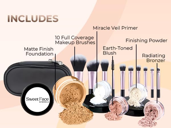 16pc STARTER KIT with 10 BRUSHES SET (DEEP TAN) Mineral Makeup Bare Face Loose Powder Includes Matte Foundation, Veil Primer, Blush, Bronzer, Translucent Finishing Setting Powder SPF 30 Travel Size