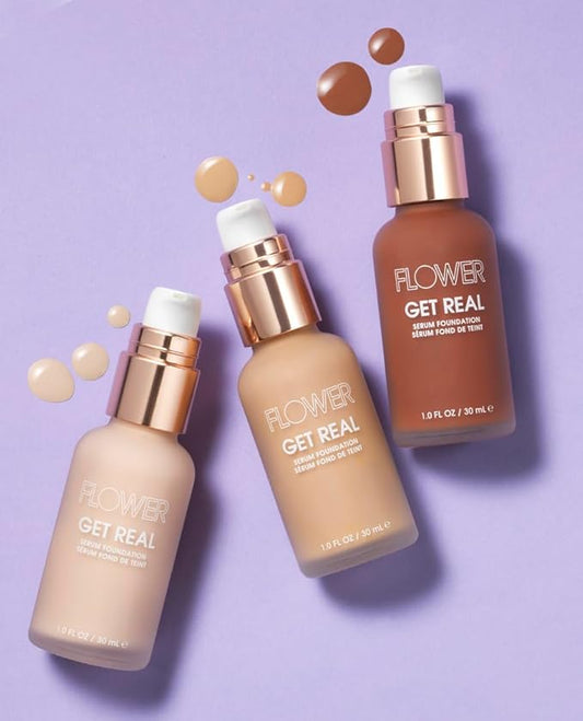 FLOWER BEAUTY By Drew Barrymore Get Real Serum Foundation - Hydrating + Lightweight Formula - Light to Medium + Buildable Coverage (Sable)