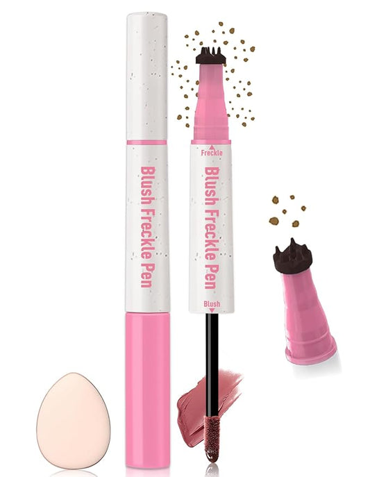 Freckle Pen Blush 2 in 1 Natural Lifelike Light Brown Freckle Stamp Pink Liquid Blush for Cheeks Quick Dry Fake Freckles Long Lasting Faux Freckles Tattoo Marker Waterproof for Sunkissed Makeup