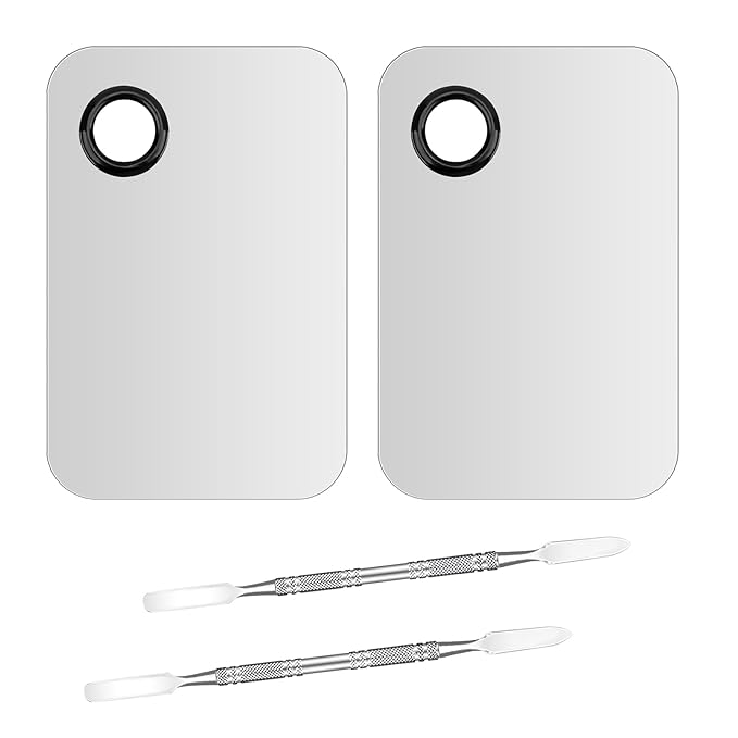 Makeup Mixing Palette Spatula Set, 2PCS Mini Metal Makeup Palette & 2PCS Skincare Spatula, Cream Foundation Palette for Mixing and Save Cosmetics (A)