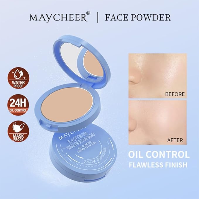 LAMUSELAND Pressed Powder Compact, Oil Control Brighten Skin Color Face Powder, Whitening Highlighting Face Makeup Tools for Women Girls (JG02)