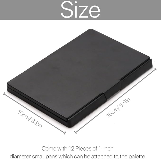 VANANA DIY Magnetic Palette with Mirror, for Eyeshadow Lipstick Powder Highlighter Storage, with 12 Pieces of Round Metal Pans (Black - with Mirror, 15x10cm - With 12pcs Round Pans)