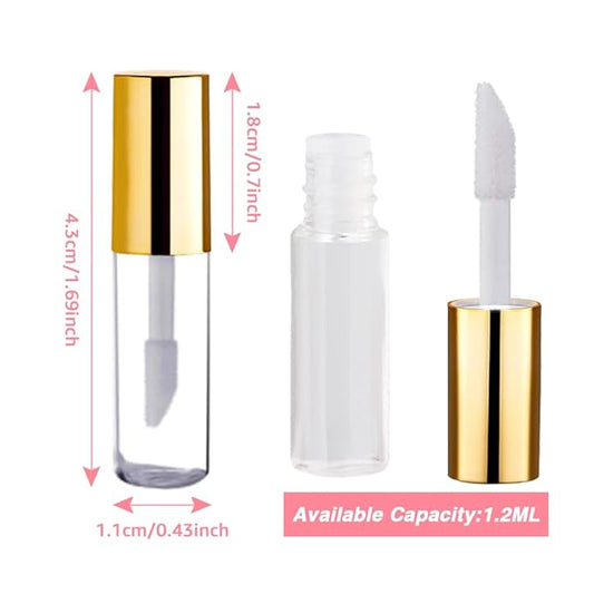 AMORIX 50PCS Mini 1.2ml Lip Gloss Tubes with Wand Empty Lip Gloss Containers Refillable Travel Lip Balm Tubes for Samples with 5ml Syringes DIY Lip Gloss Base + Labels (Gold)