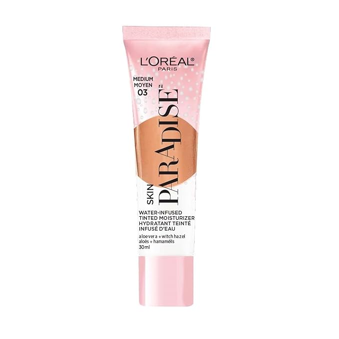 L'Oreal Paris Skin Paradise Water-infused Tinted Moisturizer with Broad Spectrum SPF 19 sunscreen lightweight, natural coverage up to 24h hydration for a fresh, glowing complexion, Medium 03, 1 fl oz