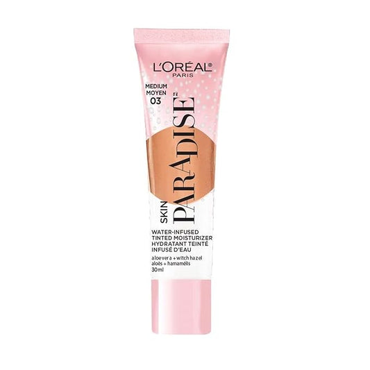 L'Oreal Paris Skin Paradise Water-infused Tinted Moisturizer with Broad Spectrum SPF 19 sunscreen lightweight, natural coverage up to 24h hydration for a fresh, glowing complexion, Medium 03, 1 fl oz
