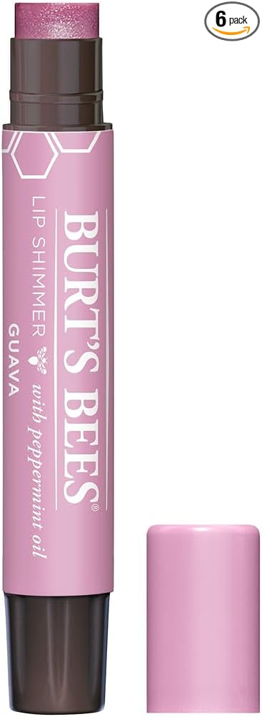 Burt's Bees Lip Shimmer, 100% Natural Moisturizing, with Peppermint Oil, Guava, 0.09 Oz - 6 Pack