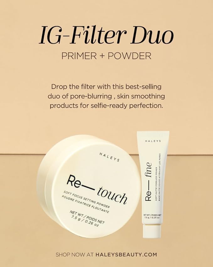 HALEYS IG Filter Duo (FAIR): Re-touch Setting Powder & Re-fine Soft Matte Poreless Primer, Skin Perfecting, Longwear, Smooths, Nourishes, Ultra-Blurring, No flashback, All Skin Types + Tones, Vegan