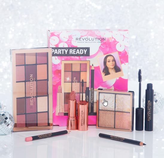 Makeup Revolution Get The Look Gift Set Party Ready, Eye Palette, Eyeliner, Lipstick, Mascara & Highlighter Included, Various Shades