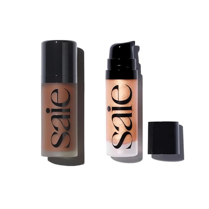 Saie Radiant Glow Duo - Dew Bronze Soft-Focus Liquid Bronzer in Stinson (0.4 oz) & Mini Glowy Super Gel Lightweight Illuminator in Sunglow (0.5 oz), Hydrating Makeup Essentials for a Sun-Kissed Glow