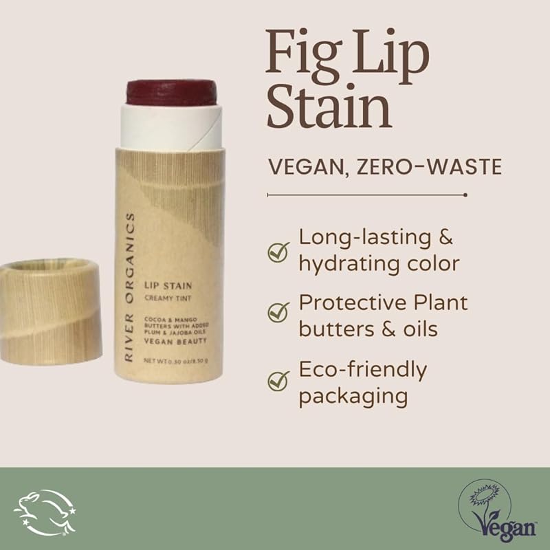 Organic Lip Stain | Vegan + Cruelty Free | Long Lasting, Toxic Free | 2 Colors choose from "Fig" or "Pomegranate", .30 oz (Fig), River Organics Zero Waste Makeup, Plastic Free