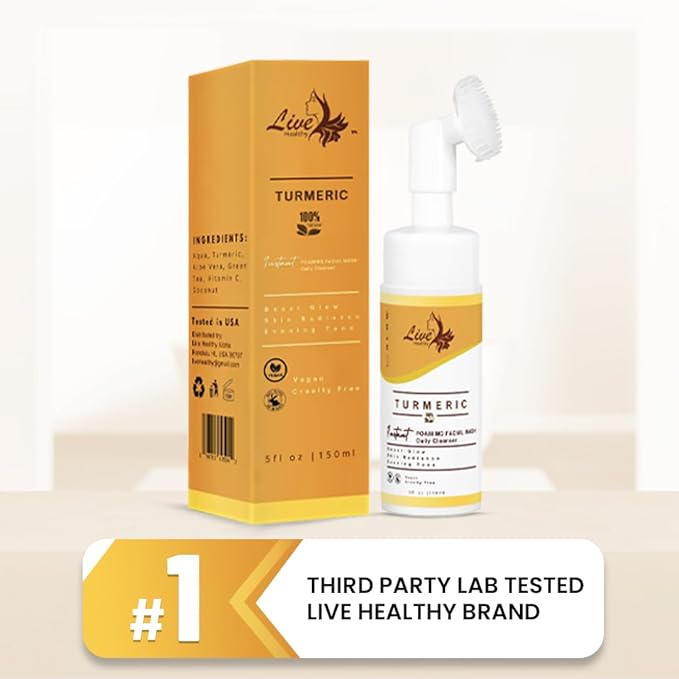 Live Healthy Turmeric Foaming Face Wash - Turmeric Face Wash with Brush, Deep Cleansing, Gentle, Facial Cleanser, Makeup Remover, Natural Formula for Acne, Blackhead & Oil Control, Hydrating -150ml