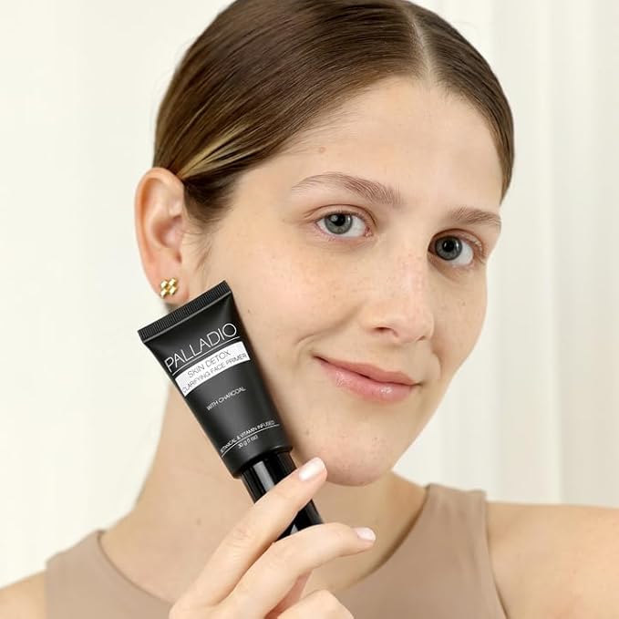 Palladio Skin Detox Clarifying Face Primer with Charcoal, creates a smooth base for makeup application, protects skin, provides long wear flawless glam look, 1 ounce