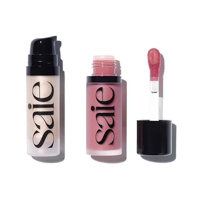 Saie Mini Glowy Super Gel Lightweight llluminator & Makeup Primer - Starglow (0.5 oz) + Dew Blush - Lightweight Liquid Blush with a Blendable + Buildable Cream Finish - Chilly (.40 oz)