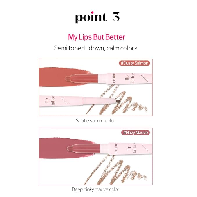 ETUDE Lip Tailor with Built in Lip Liner 2 Color Set | Dusty Salmon, Hazy Mauve - Korean Lip Pencil for Natural Plumped Lips, Korean Makeup, Kbeauty