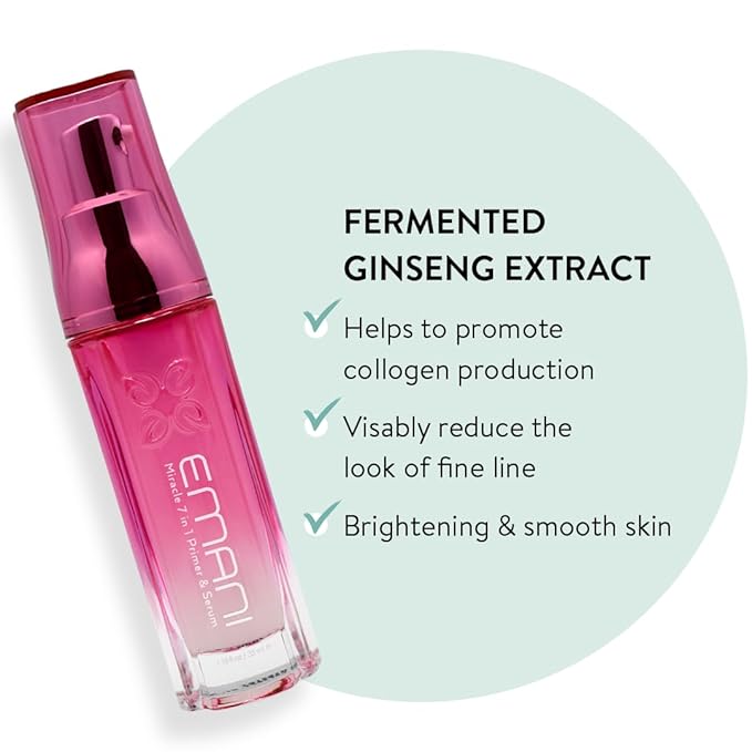 Emani Miracle 7-in-1 Primer and Serum for Face with Ginseng, Hyaluronic Acid, Silicone Free for Sensitive Skin, Pore-Minimizing, Brightening, Smoothing Makeup Base