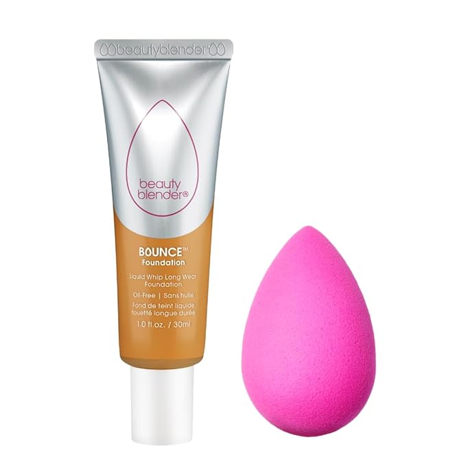 Beautyblender Bounce Liquid Whip Long Wear Foundation (3.75 W Tan Amber) & Original Pink Beauty Blender Makeup Sponge Bundle