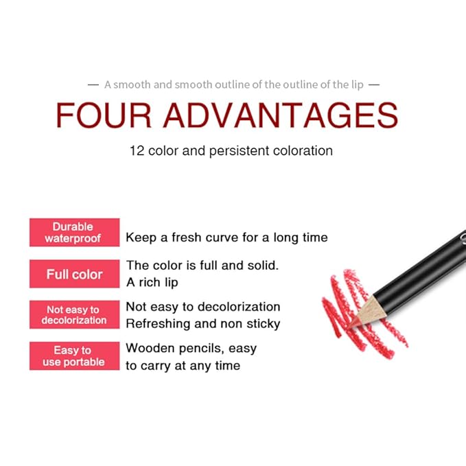 12 PCS Nude Red Deep Red Brown Matte Lip Liner Pencil Set Waterproof Long Lasting Lip Liner Lipstick for Women
