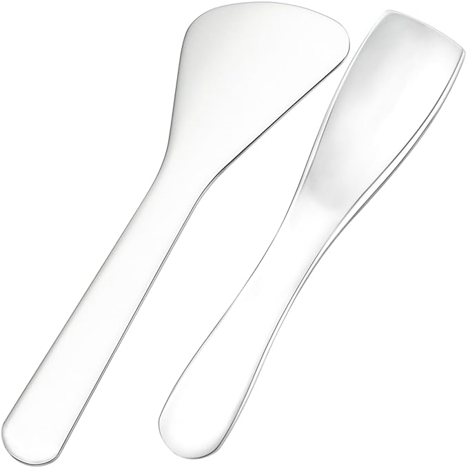 2pcs Mini Metal Makeup Spatula, Reusable Cosmetic Cream Spatulas Spoon, Skincare Scoop Applicator Facial Massage Beauty Tools for Mixing and Sampling Face Eye Cream- Silver