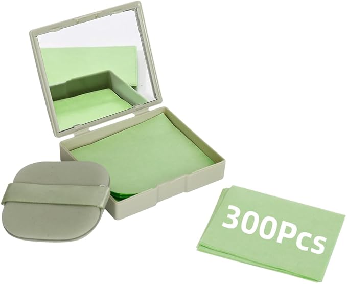 Oil Blotting Sheets - 300 PCS Face Oil Absorbing Sheets Natural Oil Control Film for Oily Skin with Mirror and Puff -Green